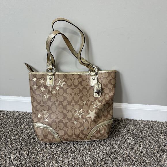 Coach Heritage Star Print Brown Gold Double Handle Shoulder Bag F18853 - Picture 1 of 12